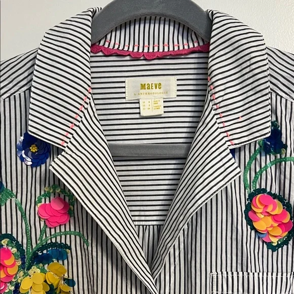 Anthropologie Maeve Embroidered Striped Boxy Buttondown Shirt Top XS 2 - Picture 3 of 15